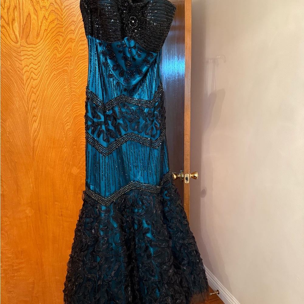 Elegant Black and Teal Gown with Sequins and Shawl